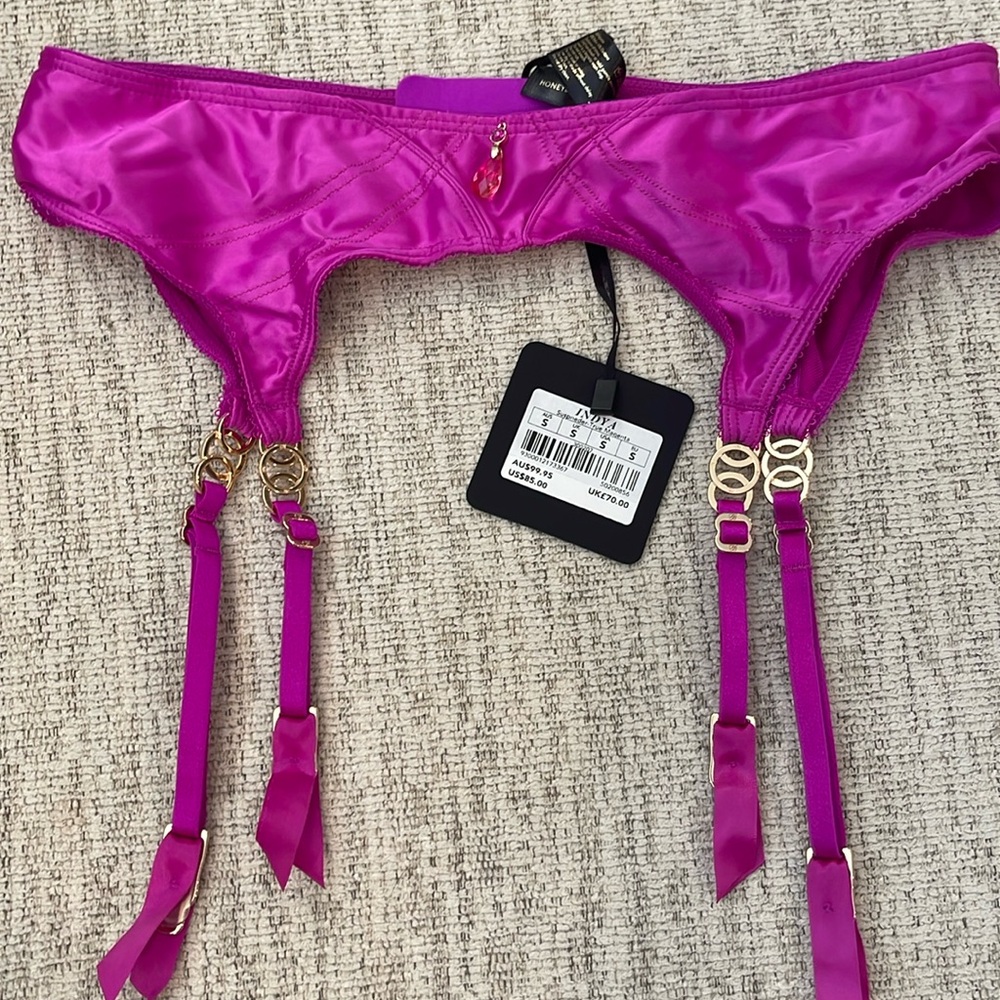 Honey Birdette Fuchsia Satin Garter Belt with Gold Hardware
